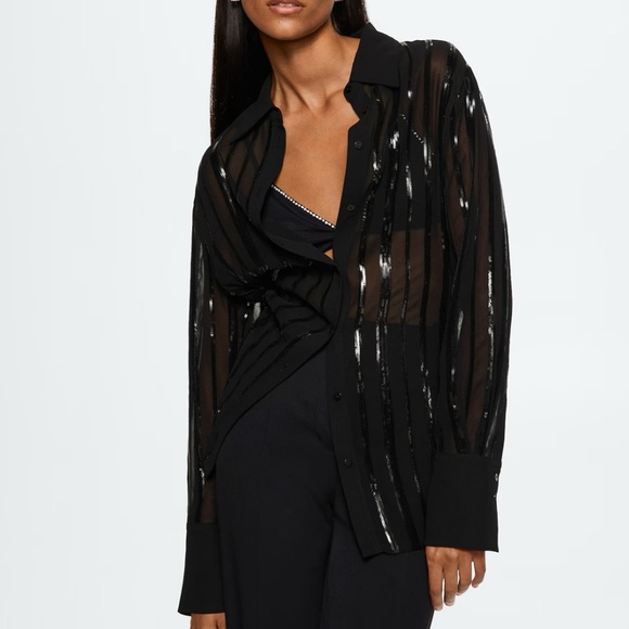 Mango- Black Sequins Button Down Top. Size: XS - Picture 6 of 10